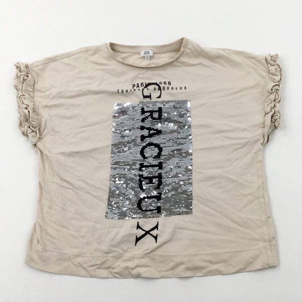 'Gracieux' Sequin Flip Beige T-Shirt - Girls 9-10 Years