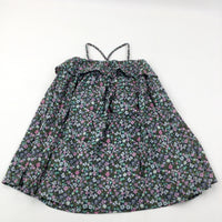 Flowers Green & Charcoal Grey Cotton Summer Dress - Girls 7-8 Years