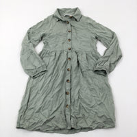 Light Khaki Green Long Sleeve Shirt Dress - Girls 7-8 Years