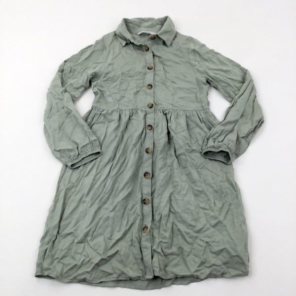 Light Khaki Green Long Sleeve Shirt Dress - Girls 7-8 Years