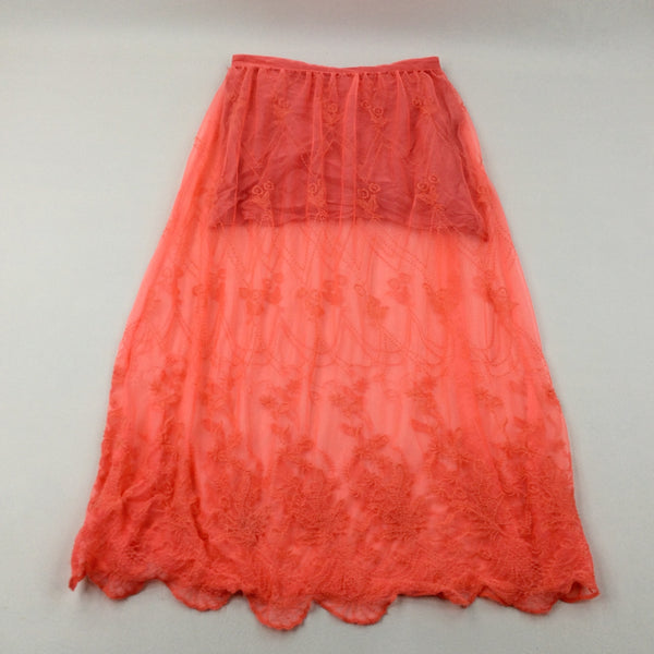 Neon Orange Mini Skirt With Embroidered Long Net Over-Skirt - Girls 11-12 Years