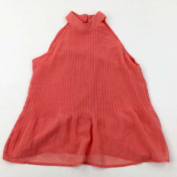 Coral Pink Pleated Sheer Lined Blouse - Girls 9-10 Years