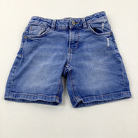 Mid Blue Distressed Denim Shorts With Adjustable Waist - Girls 8-9 Years