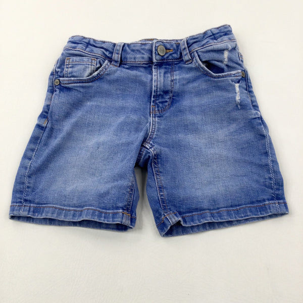 Mid Blue Distressed Denim Shorts With Adjustable Waist - Girls 8-9 Years