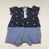Sailing Boats Navy Mock T-Shirt & Blue & Attached White Striped Shorts Romper - Boys 0-3m