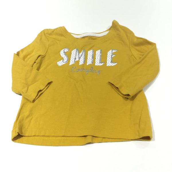 'Smile Every Day' Glittery Mustard Yellow Long Sleeve Top - Girls 6-9m