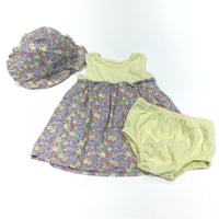 Pastel Flowers Yellow Jersey & Cotton Sun Dress with Coordinating Nappy Pants & Sun Hat Set - Girls 3-6m