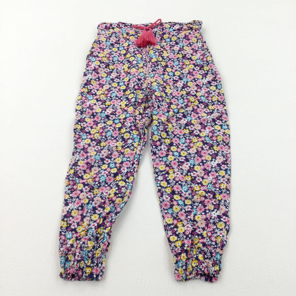 Colourful Flowers Navy Lightweight Cotton Trousers - Girls 2-3 Years