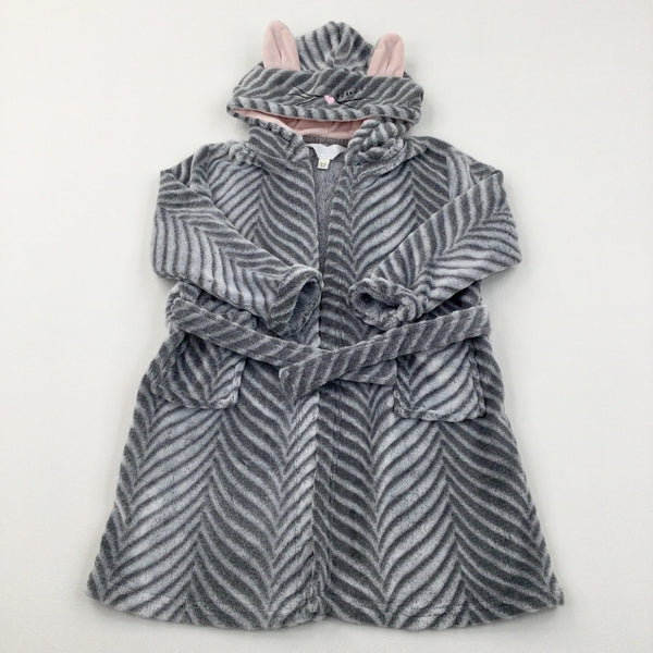 Mouse Face Stripey Grey Fleece Dressing Gown with Hood and Ears - Girls 2-3 Years