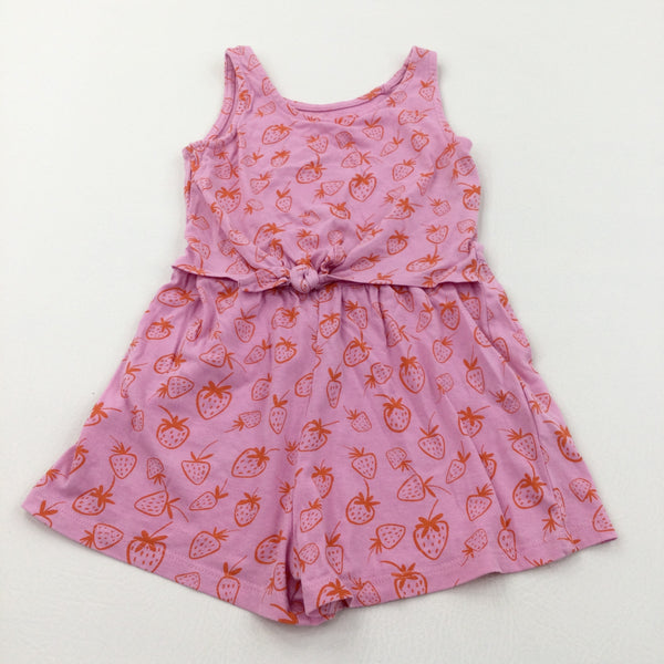 Strawberries Pink Lightweight Jersey Playsuit with Attached Tie Front Panel - Girls 3 Years