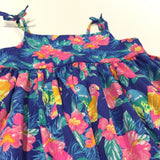 Parrot & Flowers Blue & Pink Silky Sun Dress - Girls 12-18 Months