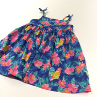 Parrot & Flowers Blue & Pink Silky Sun Dress - Girls 12-18 Months