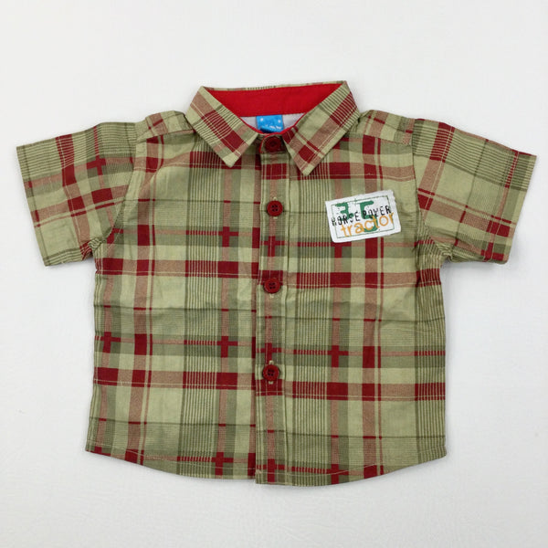 'Horse Power Tractor' Red & Beige Checked Short Sleeve Shirt - Boys 0-3 Months
