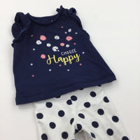 'Choose Happy' Flowers Navy T-Shirt & White Spotty Leggings Set - Girls Newborn
