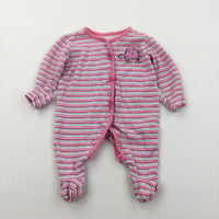 'Little Cutie' Tortoise Striped Pink, Blue & White Babygrow with Integrated Mitts - Girls Newborn