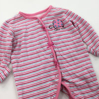 'Little Cutie' Tortoise Striped Pink, Blue & White Babygrow with Integrated Mitts - Girls Newborn