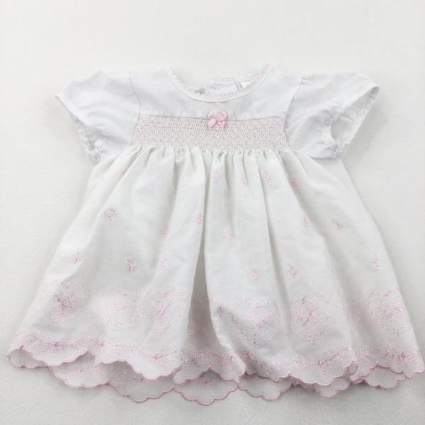 Flowers & Hearts Embroidered Pink & White Cotton Party Dress - Girls Newborn