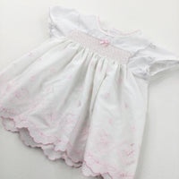 Flowers & Hearts Embroidered Pink & White Cotton Party Dress - Girls Newborn