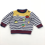 Robots Appliqued Navy, White, Yellow & Red Knitted Jumper - Boys 0-3 Months