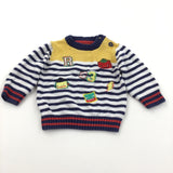 Robots Appliqued Navy, White, Yellow & Red Knitted Jumper - Boys 0-3 Months