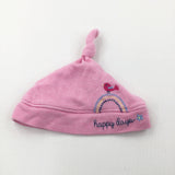 'Happy Days' Bird & Rainbow Embroidered Pink & White Jersey Knotted Hat - Girls Newborn
