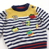 Robots Appliqued Navy, White, Yellow & Red Knitted Jumper - Boys 0-3 Months