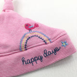 'Happy Days' Bird & Rainbow Embroidered Pink & White Jersey Knotted Hat - Girls Newborn