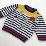 Robots Appliqued Navy, White, Yellow & Red Knitted Jumper - Boys 0-3 Months