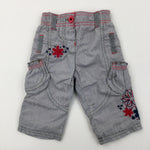 Flower Embroidered Grey Striped Lined Cotton Trousers  - Girls 0-3 Months