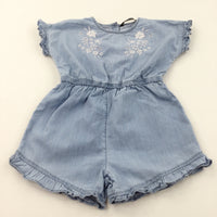 Flowers Embroidered Blue Denim Effect Cotton Playsuit - Girls 3-4 Years