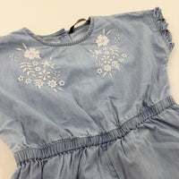 Flowers Embroidered Blue Denim Effect Cotton Playsuit - Girls 3-4 Years