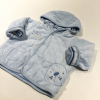 'My Friend Scruff' Dog Embroidered Light Blue Velour Lined Coat with Hood - Boys 6-9 Months