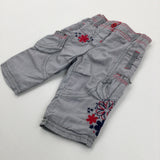 Flower Embroidered Grey Striped Lined Cotton Trousers  - Girls 0-3 Months