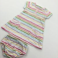 Colourful Striped Jersey Dress & Nappy Pants Set - Girls 0-3 Months