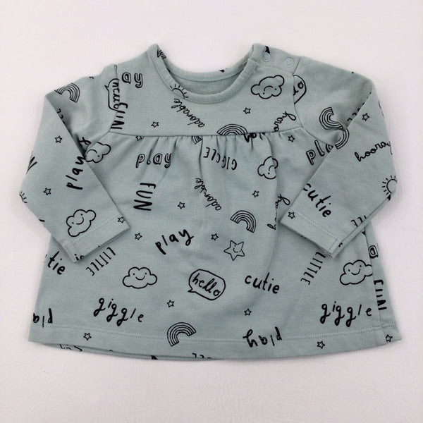 'Play, Giggle, Fun' Green Thick Long Sleeve Top - Girls 0-3 Months