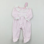 **NEW** Lace Detail Pink Velour Babygrow - Girls 0-3 Months