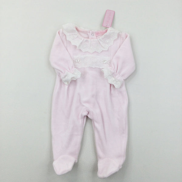 **NEW** Lace Detail Pink Velour Babygrow - Girls 0-3 Months