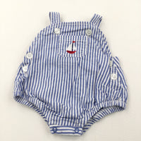 Sailing Boat Embroidered Blue & White Striped Cotton Short Dungarees - Boys 0-3 Months