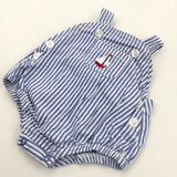 Sailing Boat Embroidered Blue & White Striped Cotton Short Dungarees - Boys 0-3 Months