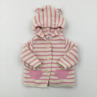 Heart Pockets Cream & Pink Striped Knitted Hoodie - Girls 0-3 Months