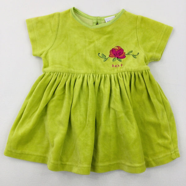 Flower Emroidered Green Velour Dress - Girls 0-3 Months
