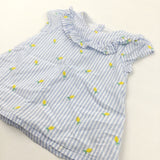 Lemons Embroidered Blue & White Striped Cotton Blouse - Girls 3-4 Years
