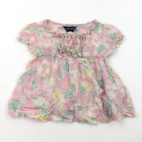 Flowers Pale Pink, Green & Yellow Cotton Blouse - Girls 4 Years