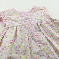 Flowers Pink & Yellow Cotton Sun Dress - Girls 0-3 Months