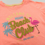 'Welcome To Miami Beach Club' Glittery Flamingo Neon Orange T-Shirt - Girls 3-4 Years