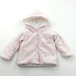 Pink & White Striped Velour Coat with Hood - Girls 3-6 Months