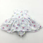 Flowers White Cotton Sun Dress with Attached Bodysuit - Girls 0-3 Months