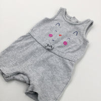 Embroidered Cat Face Grey Jersey Playsuit - Girls 0-3 Months