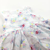 Flowers White Cotton Sun Dress with Attached Bodysuit - Girls 0-3 Months