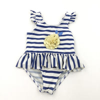 Appliqued Lemon Navy & White Striped Swimming Costume - Girls 3-4 Years